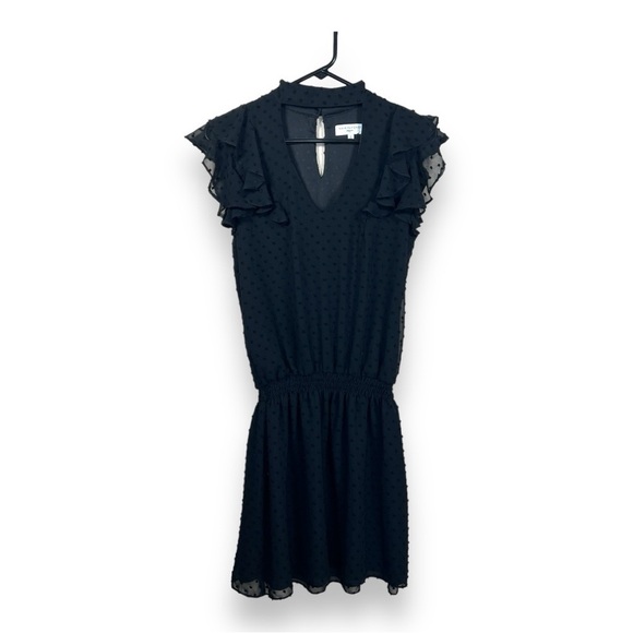 SMALL WAVERLY GREY BLACK DOT RUFFLE ACCENT DRESS SHORT SLEEVE LINED  RETRO GOTH - Picture 1 of 9